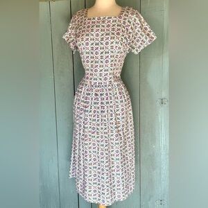 VTG 1940s Charming Novelty Print Day Dress Cotton Midi Side Zip XS-S